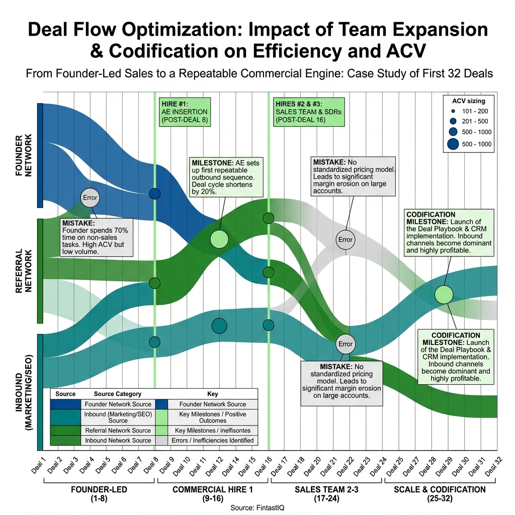 Founder-led deal lineage with hire-insertion timeline